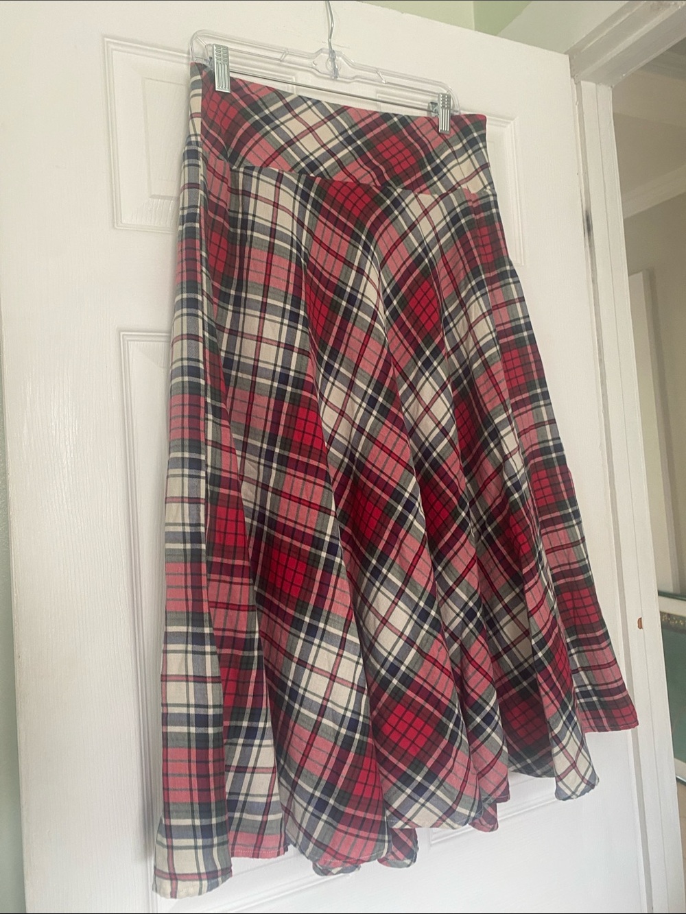 Chaps Red Navy Cream Plaid A-Line Skirt